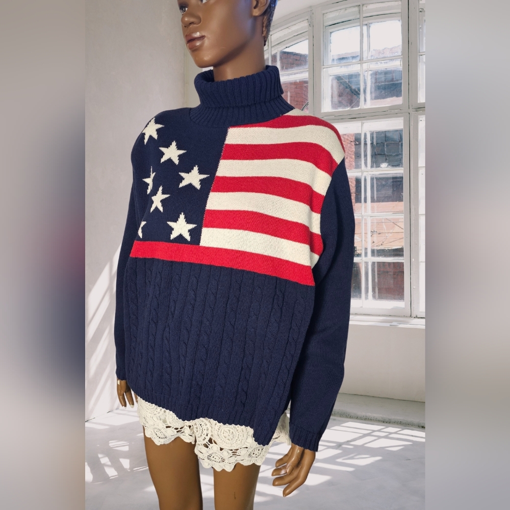 Ggs Navy American Flag Sweater Size XL Oversized Look Cotton Turtleneck